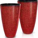 2 Pcs Pack 21 Inches Plastic Resin Tall Tapered Planter Pots Large Round Planter Flower Pot with Drainage Holes for Indoor Outdoor Deck Porch Yard Office Garden Home Patio Front Door (Red, L)