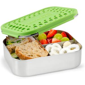 LunchBots Medium Trio II Snack Container - Divided Stainless Steel Food Container - Three Sections for Snacks On the Go - Eco-Friendly, Dishwasher Safe, BPA-Free - Stainless Lid - Green Dots