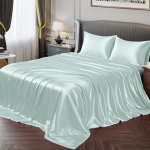 Twin Silky Soft Satin Bed Sheets Ice Blue Sheet