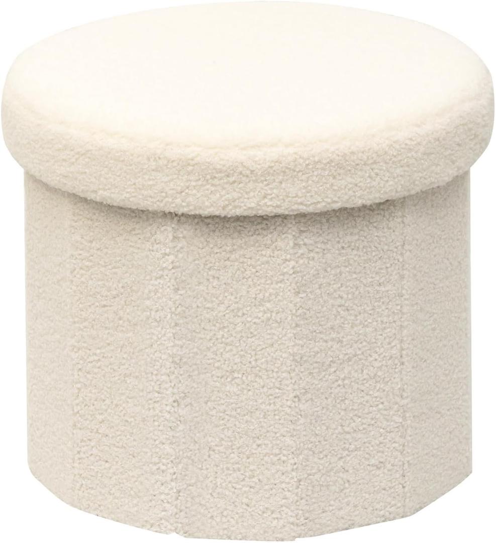 15 Inchs Round Storage Ottoman, Small Foldable Foot Stool with Hidden Storage for Living Room, Bedroom-White 