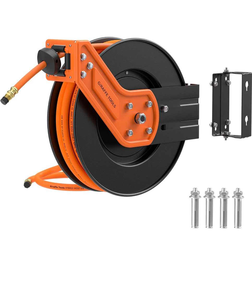 Giraffe Tools TA15 Retractable Air Hose Reel Swivel 3/8" x 50 ft Hybrid Hose, Max 300 PSI, Ceiling/Wall Mounted Heavy Duty Industrial Commercial Air Compressor Hose Reel, 50ft, Tangelo