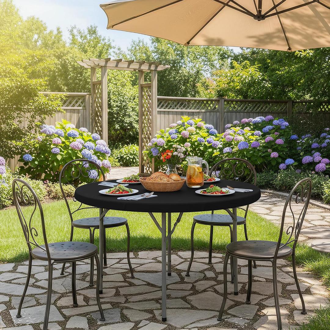 Round Fitted Tablecloth with Elastic - 2 Pack Round Table Covers 48 Inch, Black Windproof & Non-Slip Dining Circle Table Protector for Outdoor Picnic, Party, Banquet