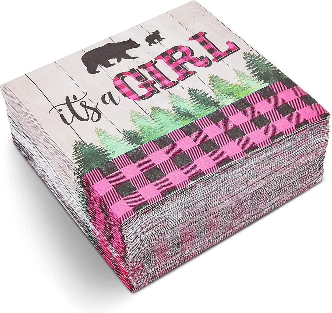 Sparkle and Bash Buffalo Plaid Napkins, It's A Girl Baby Shower (6.5 In, 100 Pack)