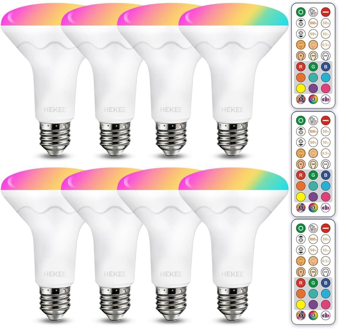 HEKEE BR30 LED Recessed Can Light Bulbs, Remote Control Color Changing, 5 CCT 9 RGB Colors 3 Dynamic Modes, E26 Base 10W (75W Equiv.) CRI 90, Fits 5"/6" Indoor Cans Only, Timer Function, 8 Pack
