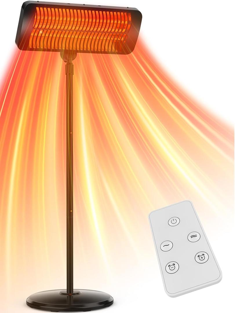 Outdoor Heaters for Patio, 12H Timer&3 Heat Level, IP54 Waterproof Electric Heater,1500W Infrared Heating Covers 300Sq.ft, Tip-Over Protection, Towel Bracket, Remote, 83" Patio Heaters for Outdoor Use