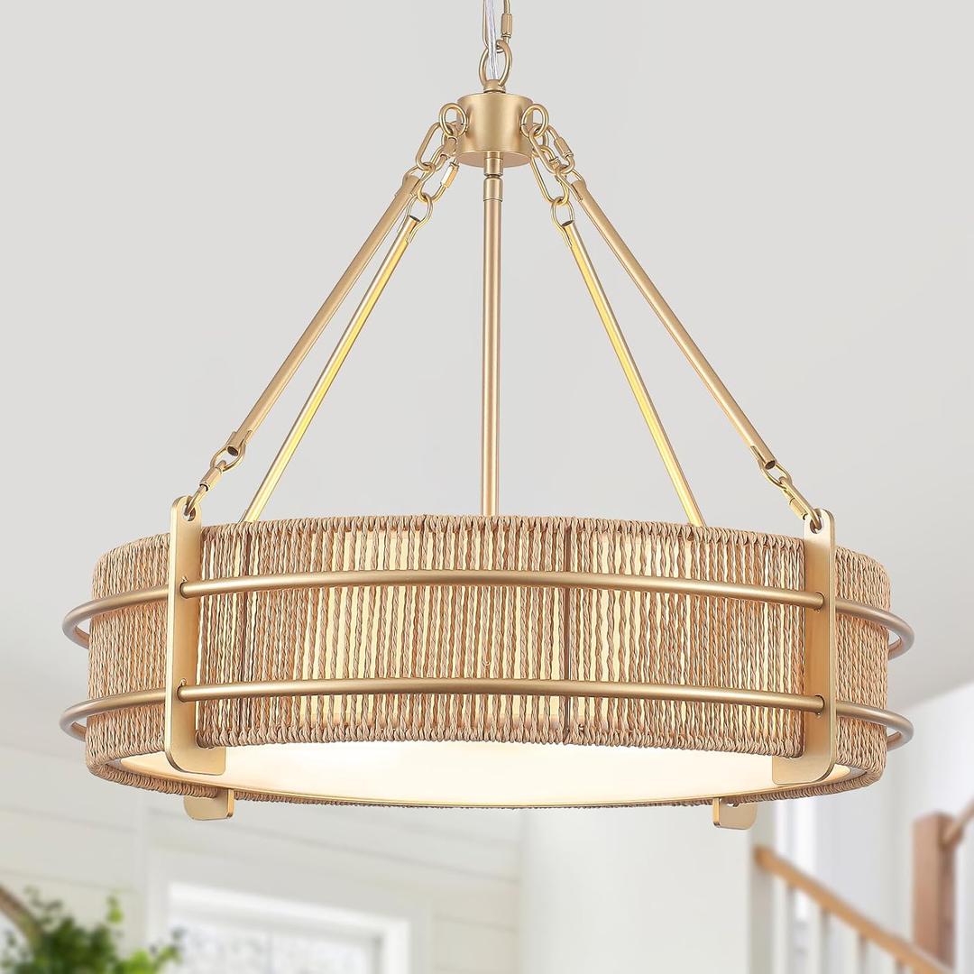 21.5'' Rattan Chandelier For Dining Room,5-Light Boho Pendant Light Fixture