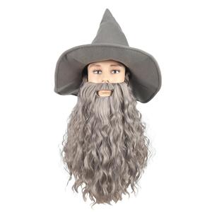 QACCF Qacf Long Curly Mens Wizard Mustache Wig Halloween Costume Cosplay Viking Fake Beard Wig (Grey)