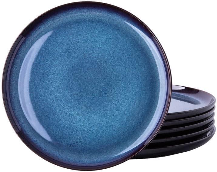 LERATIO Ceramic Plate Set of 6, 8.5 Inch Reactive Glaze Light Weight Porcelain Salad Plates,Modern Shape Dinnerware Dishes Set for Kitchen,Microwave&Dishwasher&Oven Safe,Resistant-Indigo Blue