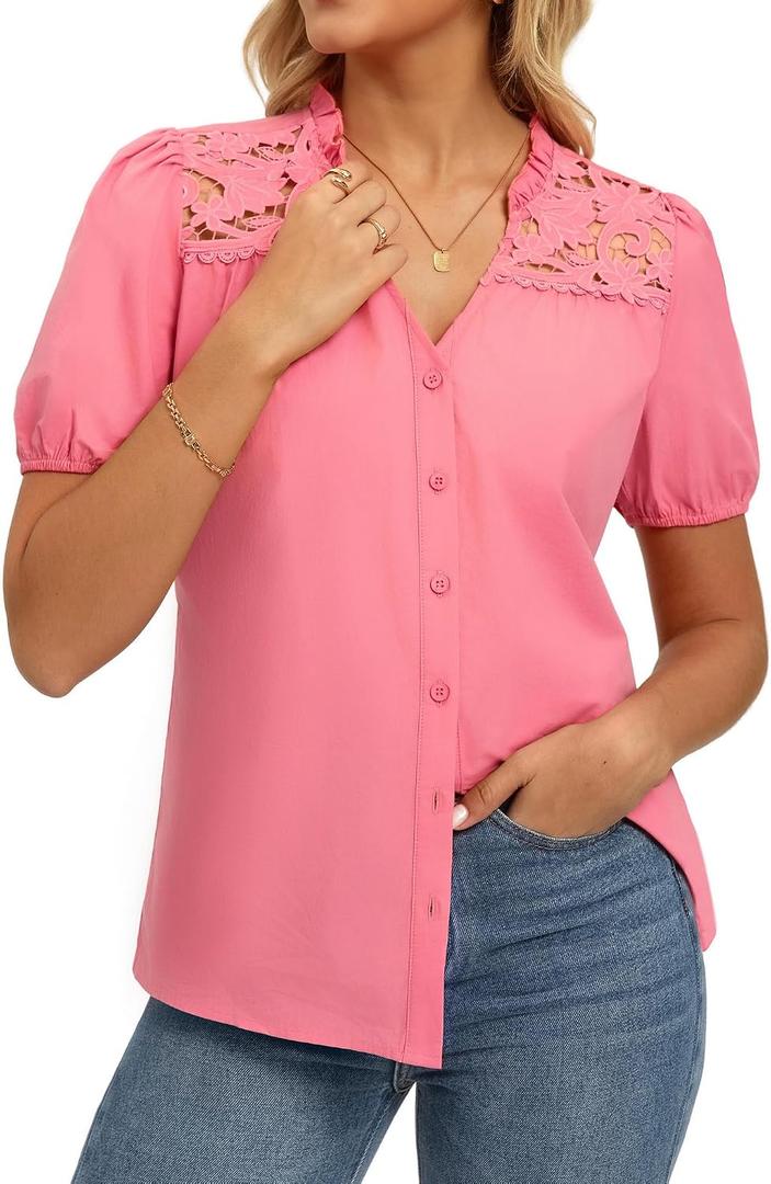 GRACE KARIN Women's 2026 Summer Casual Tops, Dressy Short Sleeve Lace Shirts, V Neck Button Down Work Blouses Outfits Shirt (M)