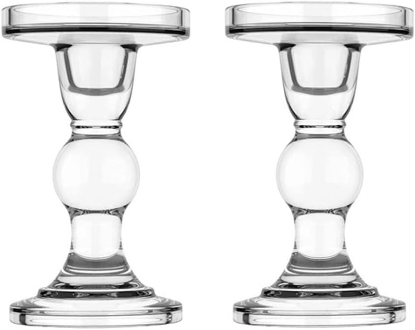 2Pcs Glass Candle Holders,Crystal Glass Candle Holder,Clear Pillar Taper Candlestick for Wedding, Party, Holiday Decoration (Lager)