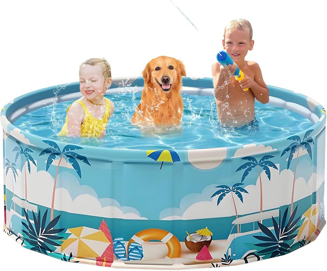 Foldable Swimming Pool for Kids 62.9"x17.7" Hard Plastic Portable Dog Pool Anti-Slip Collapsible Pets Bathtub Kiddie Pool Indoor Outdoor Backyard (Beach Party 63'')