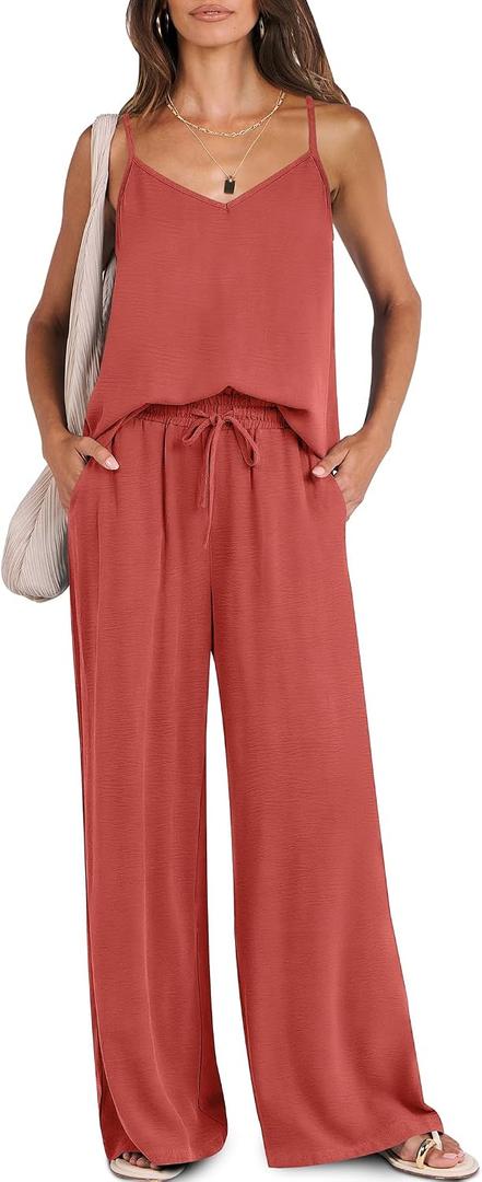 Caracilia 2 Piece Sets for Women Summer, Casual Tank & Wide Leg Pants Lounge Set, Comfy Beach & Travel Outfits 2026 Trendy (XL)