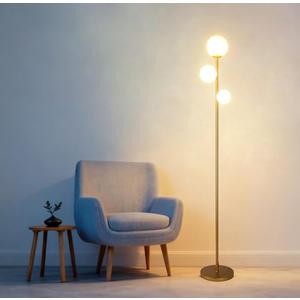 Fiqevs 3 Globe Mid Century Modern Floor Lamp for Living Room, Gold Standing Lamp with Frosted Glass Shade and 3x2700K Warm LED Bulbs, Vintage Retro Tall Lamps for Bedrooms, Office - Antique Brass 