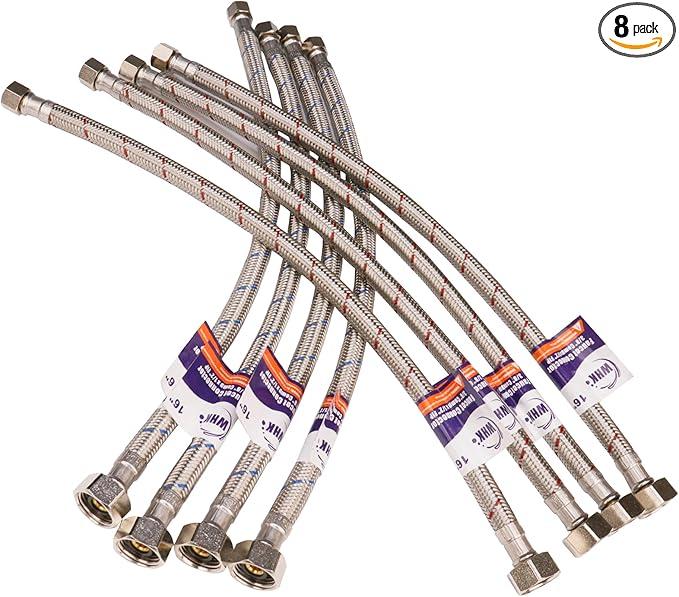 WHK 8 Packs 16 inch Faucet Hose Connector 3/8" Comp x 1/2" FIP Water Faucet Supply Lines,Stainless Steel Braided Plumbing Supply Line For Bathroom Kitchen(Certified Safe)
