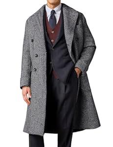 Men's Herringbone Tweed Trench Coat Dark Grey Double Breasted Notched Collar Herringbone Overcoat Men Slim Fit Trench Coat Men for Wedding Dark Grey Size L