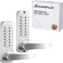 Mechanical Keyless Entry Door Hanldle Lock with Keypad,Double-Sided Push Button Passcode Opening,Interior Exterior Combination Front Door Lever Lock Set for Gates,Fences,No Battery(Silver) (Pearl Chrome)