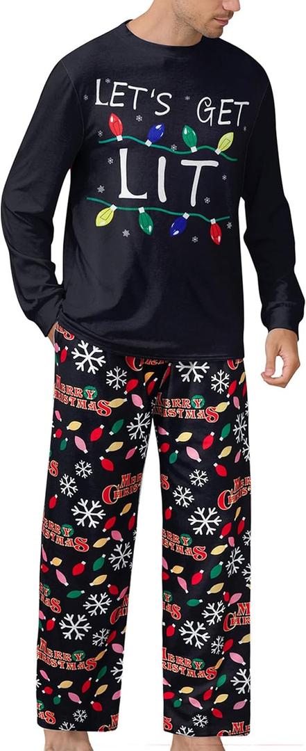 RAISEVERN Mens Christmas Pajamas Set Ugly Pjs Pants and Long Sleeve Shirts Xmas Sleepwear with Pockets (XX-Large, C1-christmas Lights)