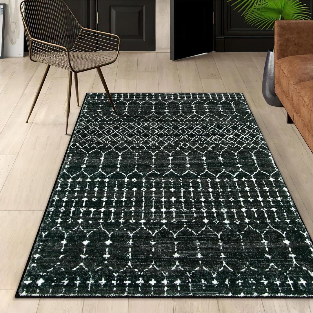 Lahome Moroccan Black Area Rug for Living Room - 3x5 Non-Slip Washable Stain Resistant Large Kitchen Rugs Throw Low-Profile Soft Bedroom Carpet Geometric Print Distressed Rug for Entryway Dining Room, Rectangular 