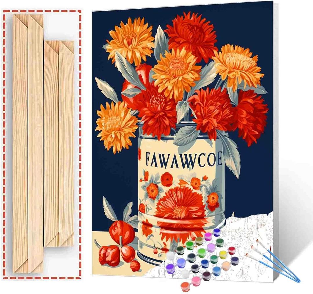 Tucocoo Orange and Red Flowers in a Tin Can Paint by Numbers Kits 16x20 inch Canvas DIY Oil Painting for Kids, Students, Adults Beginner with Brushes Acrylic Pigment Vintage Style Painting(DIY Frame)