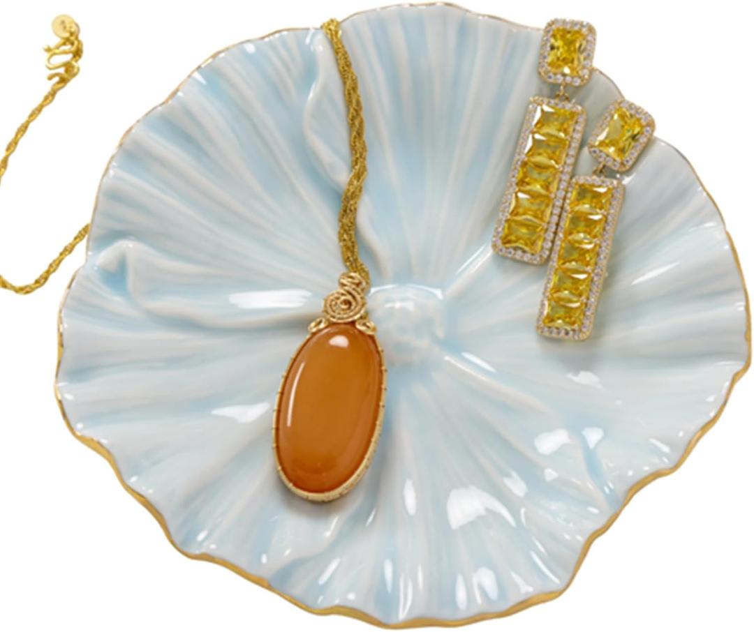 Flower Ring Dish, Ceramic Ring Holder Jewelry Tray Trinket Dish, Fairy Organizer Plate Vanity Decorations, Gifts for Friends Sisters Daughter Mother (Blue)