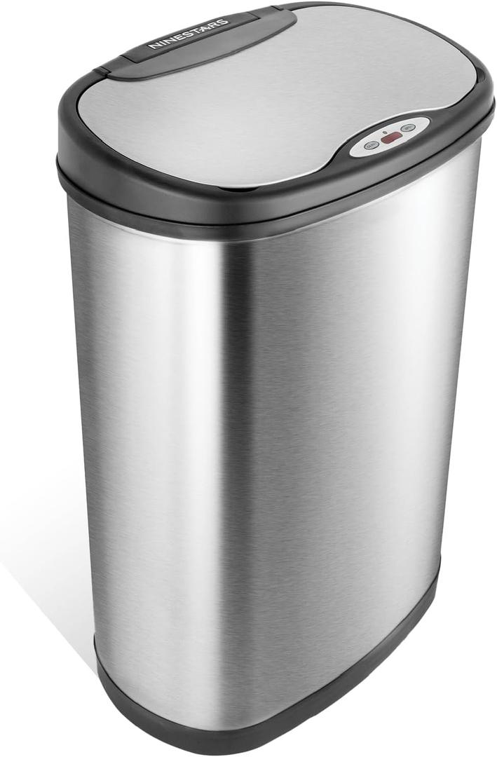 NINESTARS 13 Gallon Kitchen Trash Can, Automatic Touchless Motion Sensor Trash Can with Black Lid, 50 Liter Stainless Steel Garbage Bin, Oval, DZT-50-13