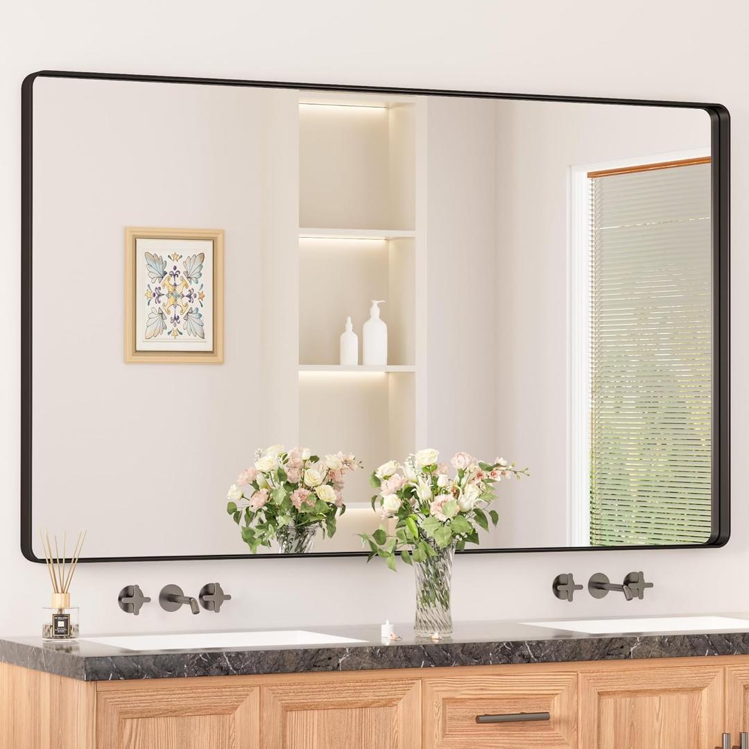 Keonjinn Black Bathroom Mirrors for Over Sink, 60 x 36 Inch Large Matte Black Mirror for Vanity, Rounded Rectangle Sandblasted Finish Farmhouse Mirror, HD Tempered Glass Modern Decorative Mirror