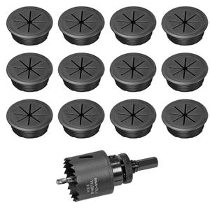 2" Black Desk Grommet, JTemgle Flexible Cable Grommet with Bi-Metal Hole Saw Plastic Cable Hole Cover Wire Organizer Caps Desktop Cord Management for Home Office TV Stands Tabletops, 13 Pieces