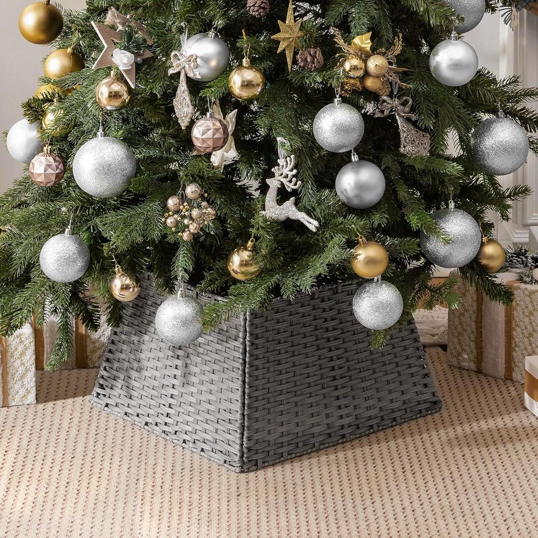 GRANNY SAYS Wicker Christmas Tree Collar for Pencil Tree, Waterproof Decorative Woven Basket Collar for Holiday Decoration, 22" Diameters, Gray