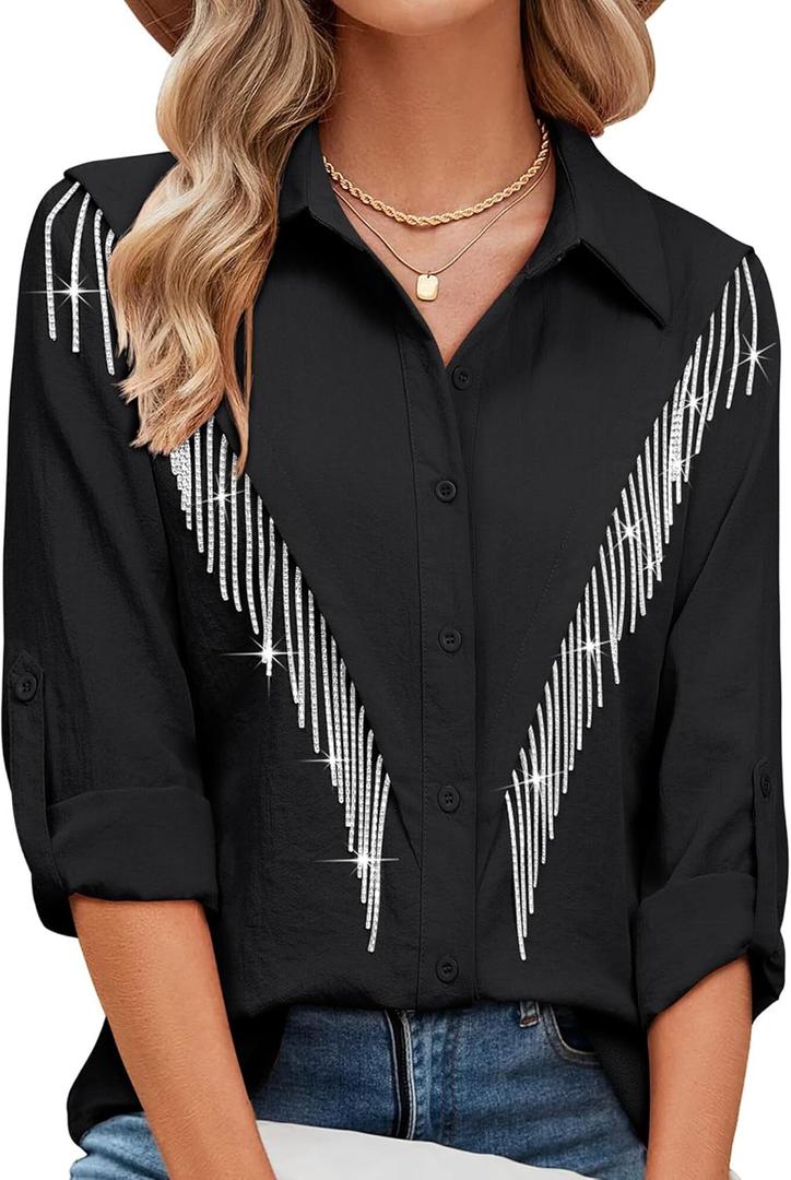 MYMORE Womens Rhinestone Fringe Button Down Shirt Rolled 3/4 Sleeve Sparkly Top Concert Nashville Western Cowgirl Outfit (Large)