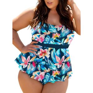 Eytino Plus Size Swimsuits for Women Floral Printed 2 Piece Bathing Suits Tankini Peplum Tops with Bikini Bottom, 2X Blue