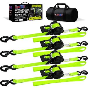 Retractable Ratchet Straps (4-Pack) - Heavy Duty Auto Slow Retraction Tie Down Straps - 1 Inch x 13 Feet (1,800lb Break Strength) for Truck, Cargo Trailer, Motorcycle, ATV, UTV - Fluorescent Green