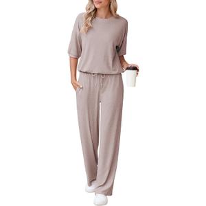 AOHITE Womens 2 Piece Outfits Lounge Sets Short Sleeve Pullover Tops Elastic Wide Leg Pants Set Sweatsuits Tracksuit (Pink, S)
