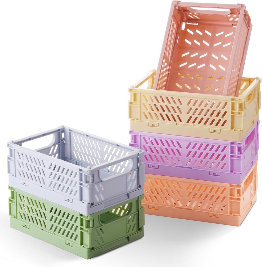 6-Pack Small Pastel Plastic Storage Baskets, Collapsible Crates for Organizing, Space-Saving Mini Bins for Classroom, Kitchen, Office, Bedroom (5.9" x 3.8" x 2.2") (Yellow, Orange, Purple, Cherry Pink, Light Blue, Green)
