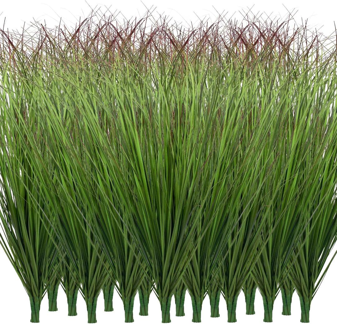48 Bundles Artificial Plants Onion Grass Outdoor 17 Inch Tall Fake Shrubs Wheat Grass UV Resistant Greenery Stems Faux Bushes Plant for Indoor Outdoor Garden Office Home Decor（Green Red Tail）