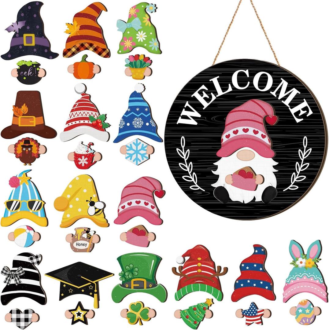 Qunclay Interchangeable Wooden Gnome Decor Holiday Seasonal Gnome Decorations with Magnet Pieces and Detachable Hats Changeable Welcome Sign for Home (Black Style)