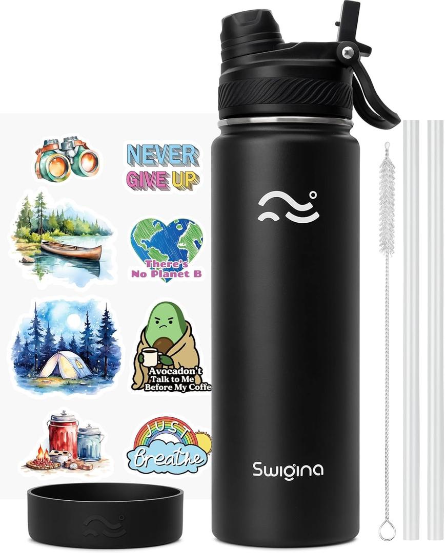 Swigina [2-IN-1 LID] Insulated Water Bottle with Silicone Boot (36hrs Cold/18hrs Hot) - DIY Stickers, Leakproof, BPA Free, Black, 24 oz