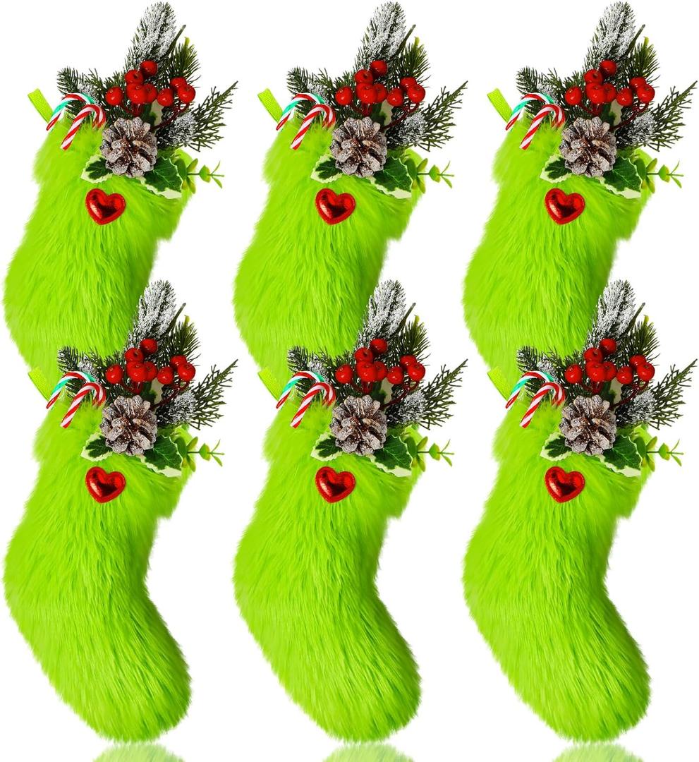 Realspring 6 Pack Lime Green Furry Christmas Stockings Ornaments for Xmas Tree Green Christmas Hanging Stocking Decorations Cozy Faux Fur Treat Bag for Party Fireplace Home Mantel Decor