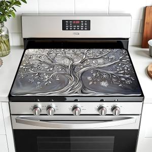 Multi-Design Stove Cover for Glass/Electric Stoves - 3-in-1 Heat-Resistant Protector Mat, Non-Slip Drying Rack 28"x20" (Silver Tree)