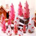 Soaoo 12 Pack Bottle Brush Christmas Trees with Bow 5 6 8 10 Inches Artificial Christmas Tree Decorations with Wood Base for Winter Snow Miniature Scene Tabletop Decor(White, Pink, Dark Pink)