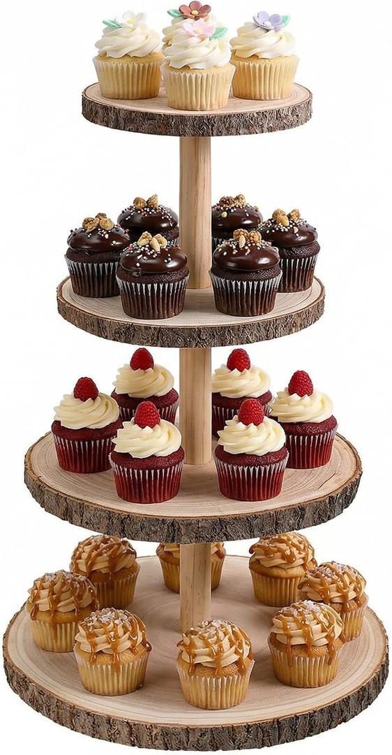 4 Tier Wooden Cupcake Tower, Wood Cupcake Stand, Tiered Dessert Stands, Large Rustic Cupcakes Display Holder Stand, for Woodland Baby Shower Decoration Wedding Birthday Tea Party Farmhouse Decor