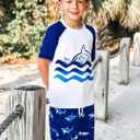 Boys Two Piece Rash Guard Swimsuits Sets Bathing Suits with Trunks 4-12 Years (A2 Navy Blue)