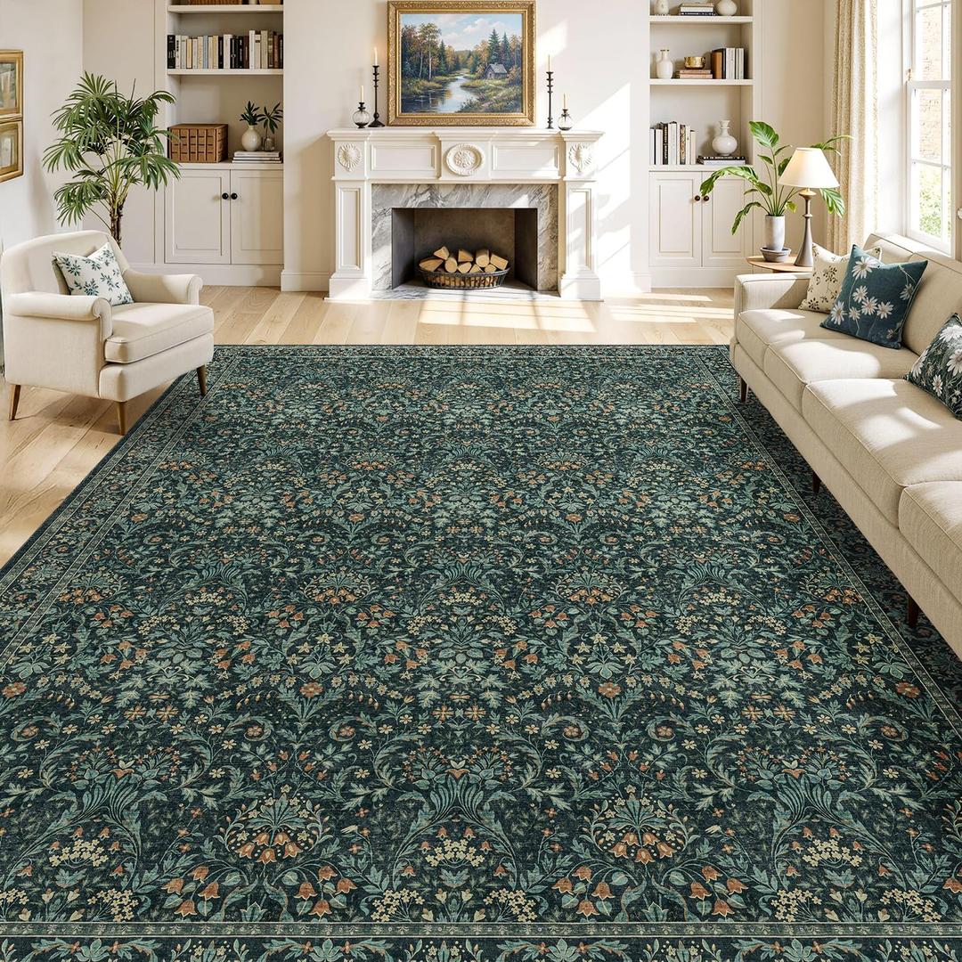Washable 9x12 Area Rug for Living Room Bedroom Dining Room Under Kitchen Table,Non-Slip Low Pile Stain Resistant Soft Large Carpet for Vintage Floral Oriental Home Decor Dark Green/Navy/Black