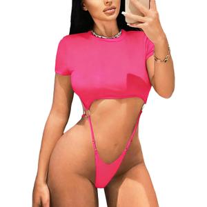 Avidlove Women's Sexy Cut Out Lingerie Bodysuit Short Sleeve Tshirt Body Suits Slim Fit Crew Neck Crop Tops, Small