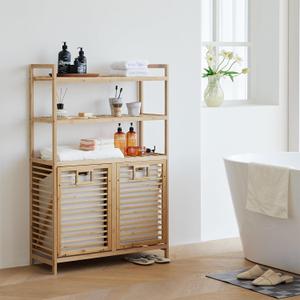 Baveke Double Tilt Out Laundry Hamper, Bamboo Hamper with 2 Removable Bags, Pull Out Laundry Hamper Cabinet, Bathroom Storage Shelf for Laundry Room, Living Room, 3-Tier(FSC-Certified Bamboo)