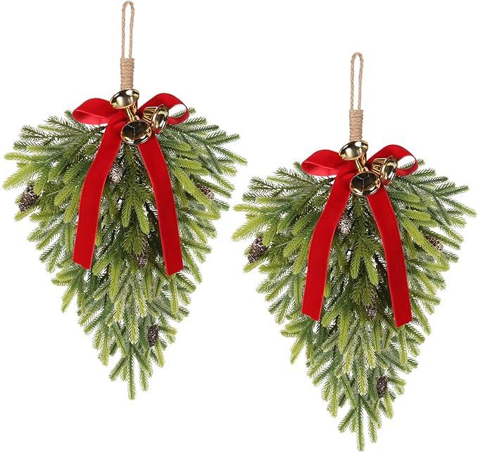 RoseCraft 2PCS Christmas Decorations, Artificial Front Door Christmas Wreaths, Hanging Bell Bow Decorations, for Fireplace Home Holiday Wall Party Xmas Decor.