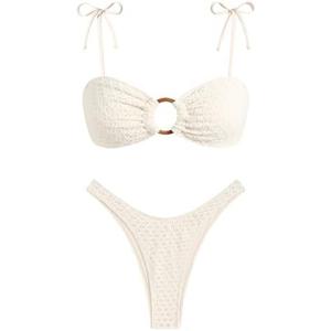 ZAFUL Women's Sexy Tie Spaghetti Strap Bikini Textured O Ring Ruched High Leg Swimsuit Cheeky Bathing Suits, Size 4