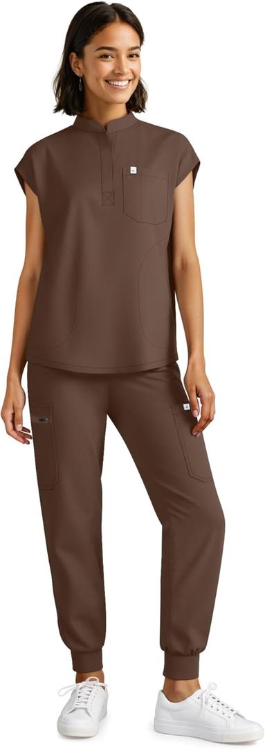 Scrubs for Women Set - Stretch Medical Uniform Scrubs - Slim Fit Top & Cargo Pant Scrubs Set with 11 Pockets Workwear (X-Small, Brown)