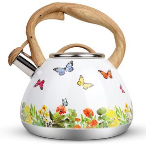Tea Kettle, Toptier Teapot Whistling Kettle with Wood Pattern Handle Loud Whistle, Food Grade Stainless Steel Tea Pot for Stovetops Induction Water Kettle, 2.7-Quart Butterfly