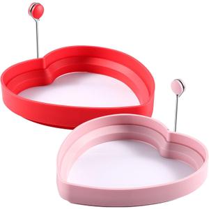 2 Pcs Heart Shaped Pancake Mold Silicone Egg Molds Fried Egg Ring Set with Silicone Handle for Making Sandwich Omelets, Valentine's Day Gift for Breakfast (Red and Pink)