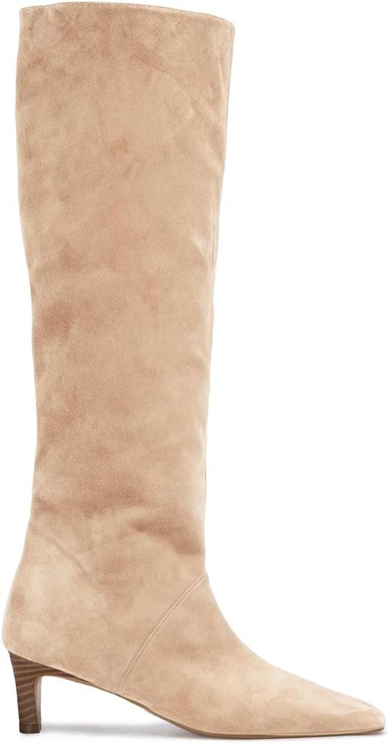 Coutgo Womens Knee High Boots Wide Calf Kitten Heel Pointed Toe Long Boots Pull On Winter Dress Shoes